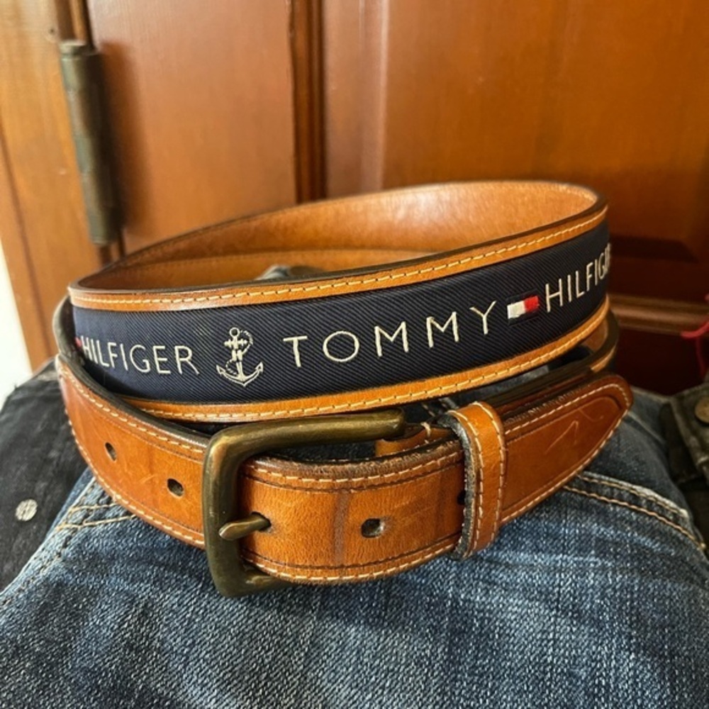 Tommy Hilfiger, leather belt, monogrammed fabric detail size 42